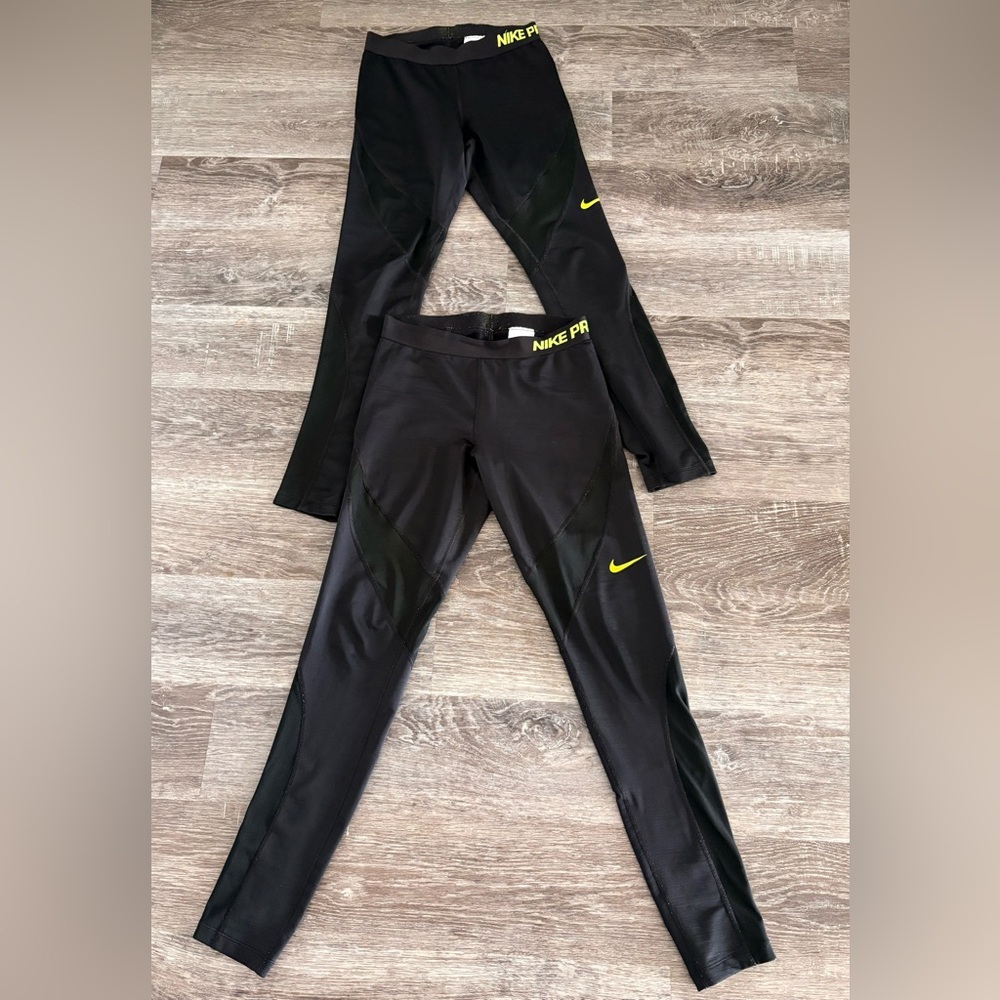 NIKE PRO Black Leggings with Neon Yellow Swoosh. Bundle of two.